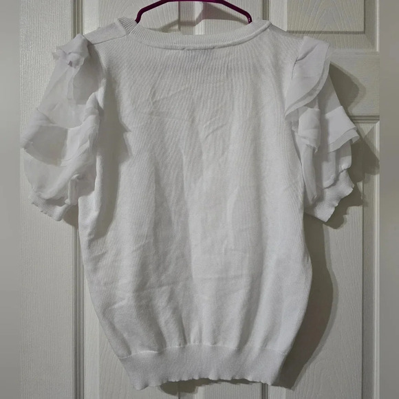 Nanette Lepore White Knit Sweater w/ Layered Chiffon Ruffle Sleeves, EUC! - Picture 3 of 10
